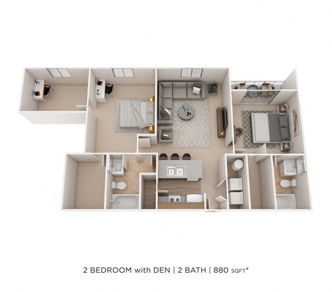 Floor plan for 2 beds, 2 baths, 880 sqft