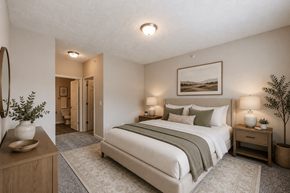 Fayetteville apartment for rent - A bedroom with a large bed, nightstands, and a plant.