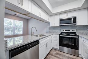 Columbus townhouse for rent - A modern kitchen with white cabinets and stainless steel appliances.