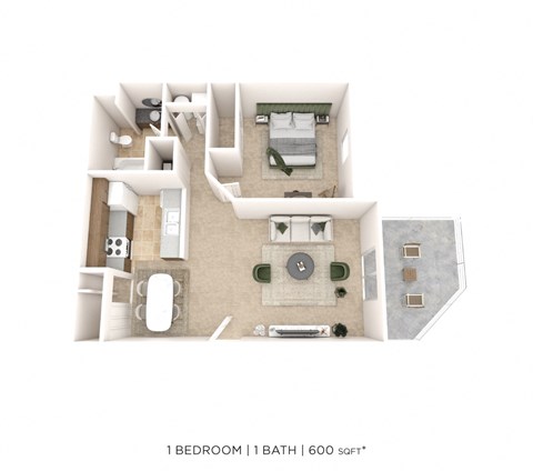 Floor plan for 1 bed, 1 bath, 600 sqft