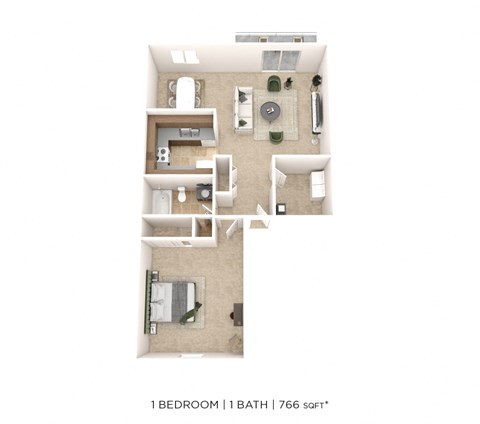 Floor plan for 1 bed, 1 bath, 766 sqft
