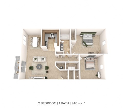 Floor plan for 2 beds, 1 bath, 940 sqft