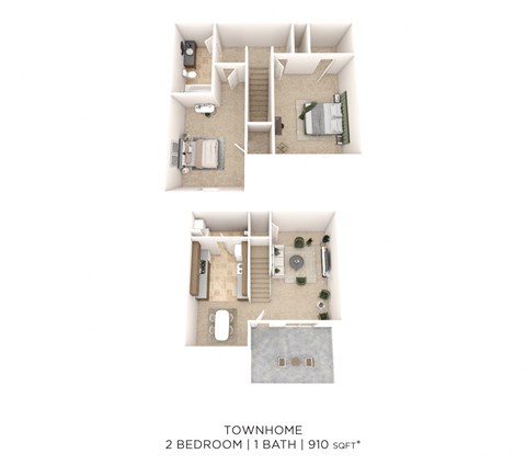 Floor plan for 2 beds, 1 bath, 910 sqft