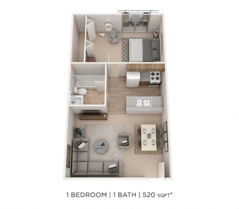 Floor plan for 1 bed, 1 bath, 520 sqft