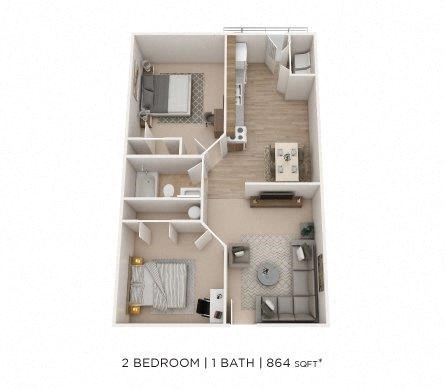 Floor plan for 2 beds, 1 bath, 864 sqft