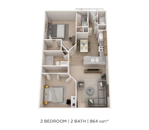 Floor plan for 2 beds, 2 baths, 864 sqft