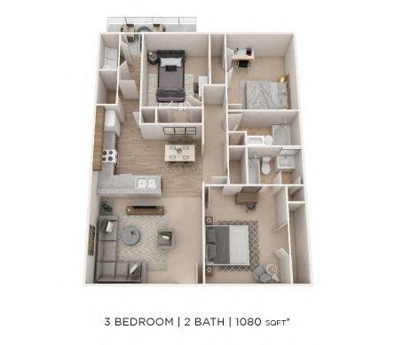 Floor plan for 3 beds, 2 baths, 1080 sqft