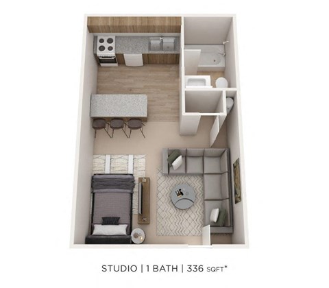 Floor plan for studio, 1 bath, 336 sqft