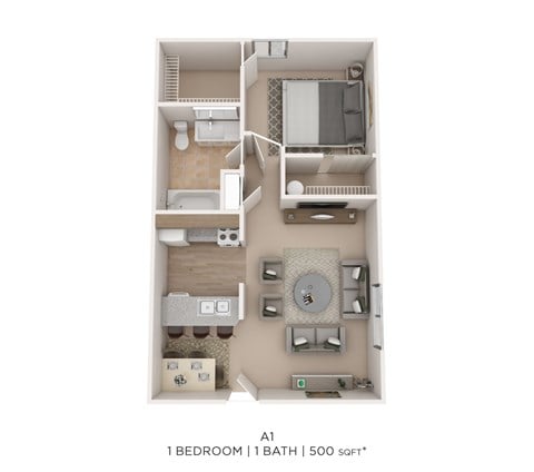 Floor plan for 1 bed, 1 bath, 500 sqft