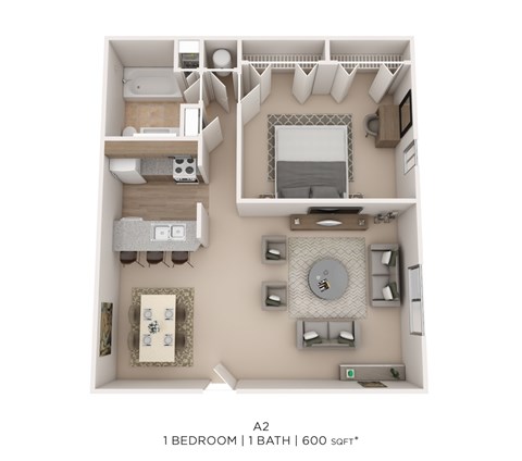 Floor plan for 1 bed, 1 bath, 600 sqft