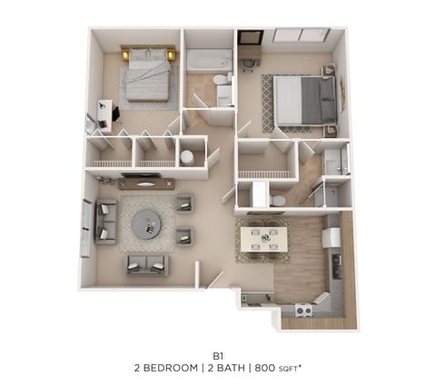 Floor plan for 2 beds, 2 baths, 800 sqft