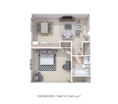 Floor plan for 1 bed, 1 bath, 540 sqft