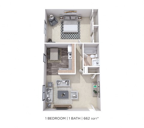 Floor plan for 1 bed, 1 bath, 662 sqft