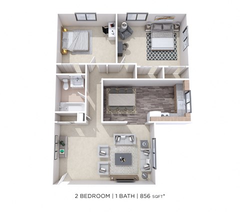 Floor plan for 2 beds, 1 bath, 856 sqft