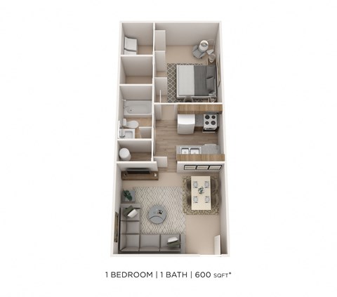 Floor plan for 1 bed, 1 bath, 600 sqft