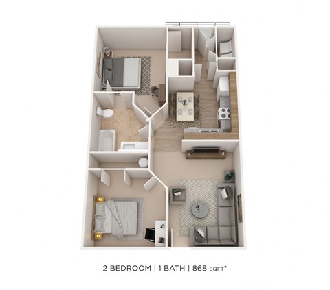 Floor plan for 2 beds, 1 bath, 868 sqft