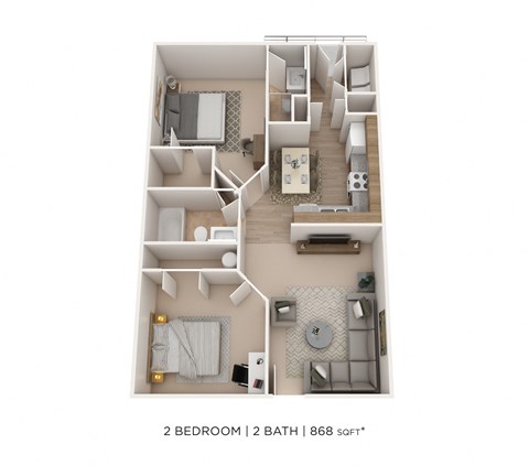 Floor plan for 2 beds, 2 baths, 868 sqft