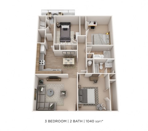 Floor plan for 3 beds, 2 baths, 1040 sqft