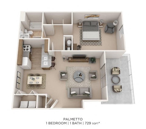 Floor plan for 1 bed, 1 bath, 729 sqft