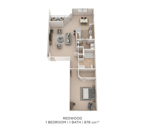Floor plan for 1 bed, 1 bath, 878 sqft