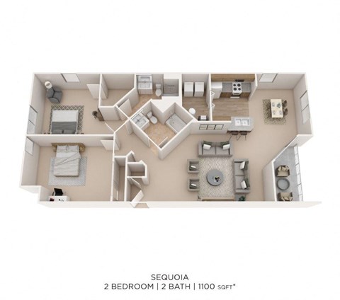 Floor plan for 2 beds, 2 baths, 1100 sqft