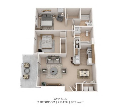 Floor plan for 2 beds, 2 baths, 939 sqft