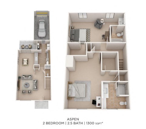 Floor plan for 2 beds, 2.5 baths, 1300 sqft