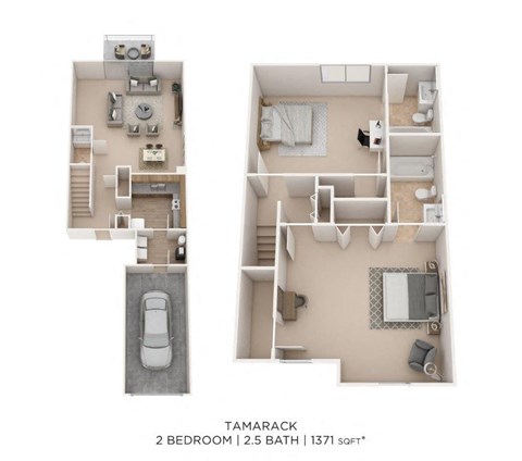 Floor plan for 2 beds, 2.5 baths, 1371 sqft