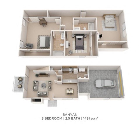 Floor plan for 3 beds, 2.5 baths, 1481 sqft