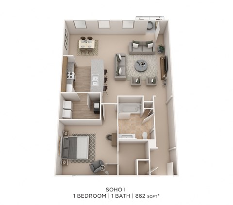 Floor plan for 1 bed, 1 bath, 862 sqft
