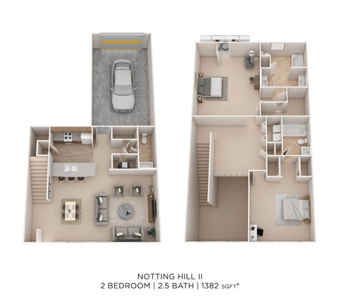 Floor plan for 2 beds, 2.5 baths, 1205 sqft