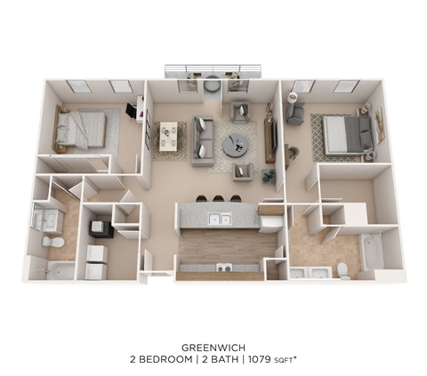 Floor plan for 2 beds, 2 baths, 1079 sqft