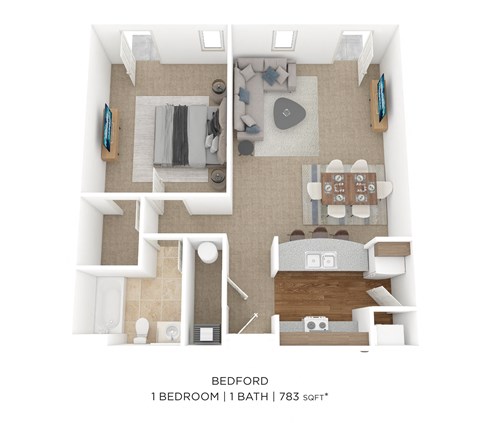 Floor plan for 1 bed, 1 bath, 783 sqft