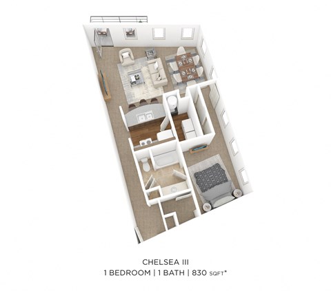 Floor plan for 1 bed, 1 bath, 830 sqft