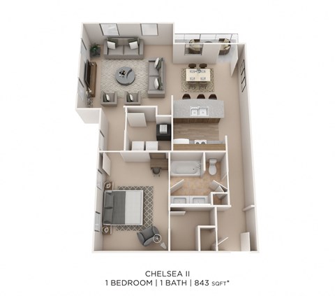 Floor plan for 1 bed, 1 bath, 843 sqft