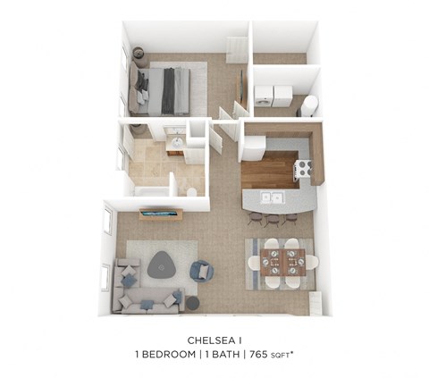 Floor plan for 1 bed, 1 bath, 765 sqft