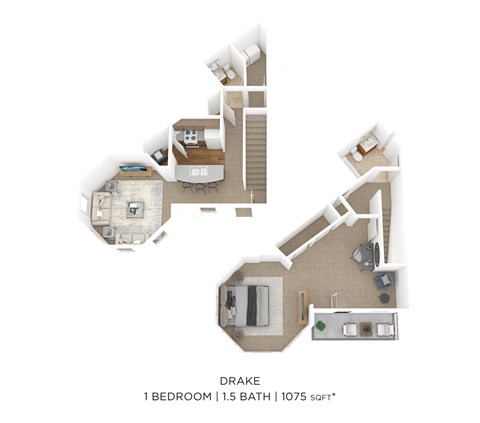 Floor plan for 1 bed, 1.5 baths, 1075 sqft