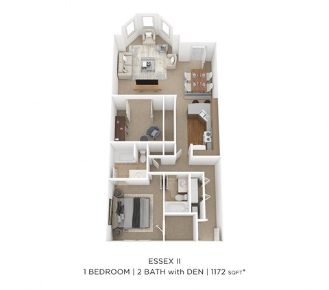 Floor plan for 1 bed, 2 baths, 1172 sqft