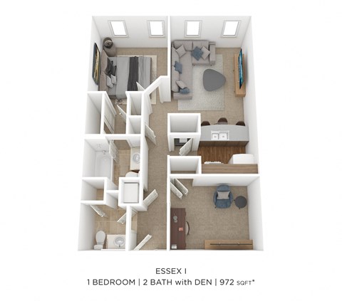 Floor plan for 1 bed, 2 baths, 972 sqft
