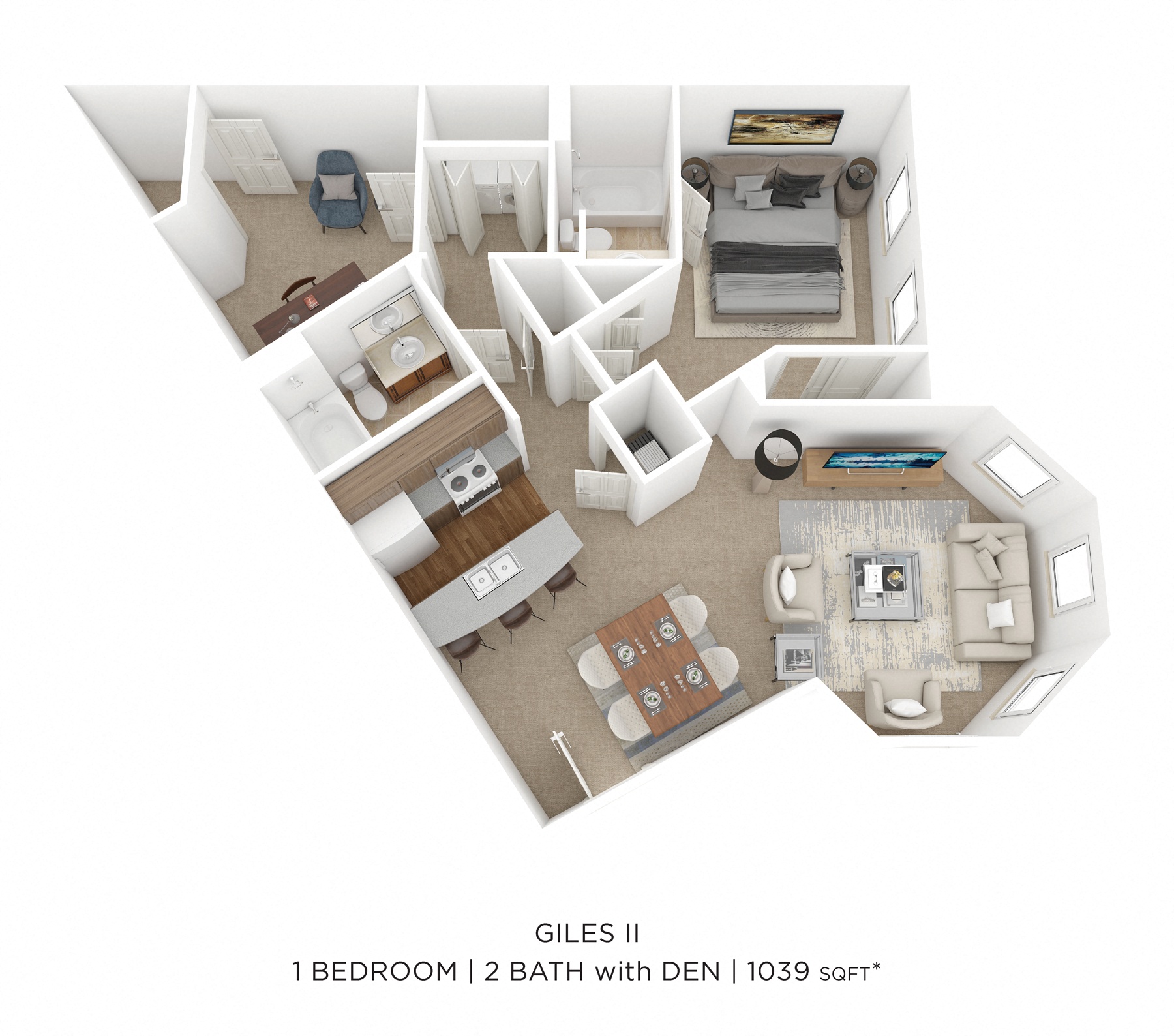Floor plan for 1 bed, 2 baths, 1101 sqft