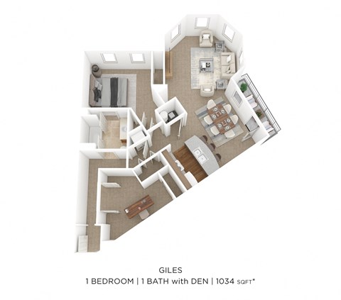 Floor plan for 1 bed, 1 bath, 1034 sqft
