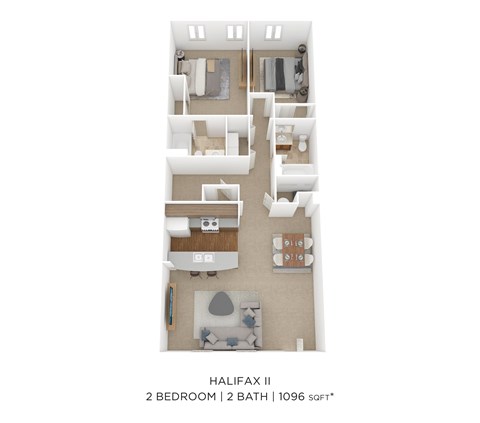 Floor plan for 2 beds, 2 baths, 1096 sqft