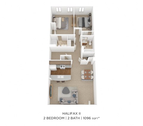 Floor plan for 2 beds, 2 baths, 1096 sqft