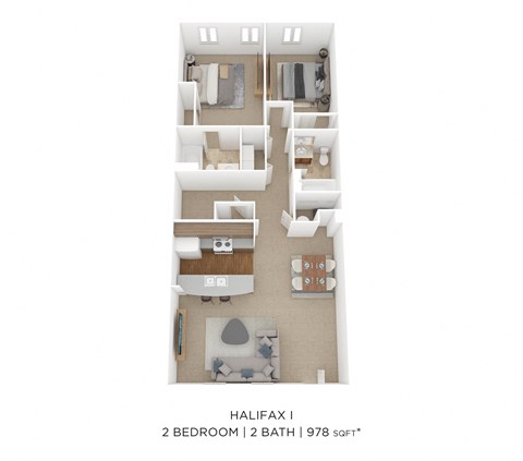 Floor plan for 2 beds, 2 baths, 978 sqft