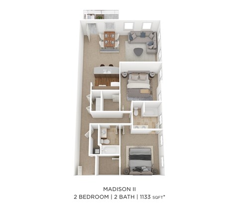 Floor plan for 2 beds, 2 baths, 1133 sqft