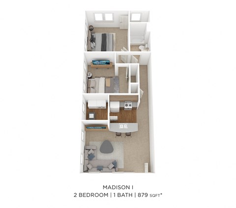 Floor plan for 2 beds, 1 bath, 879 sqft