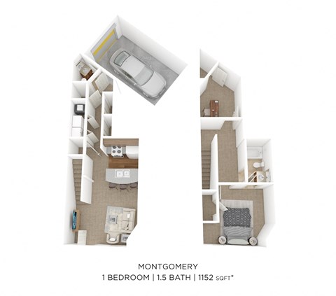 Floor plan for 1 bed, 1.5 baths, 1075 sqft