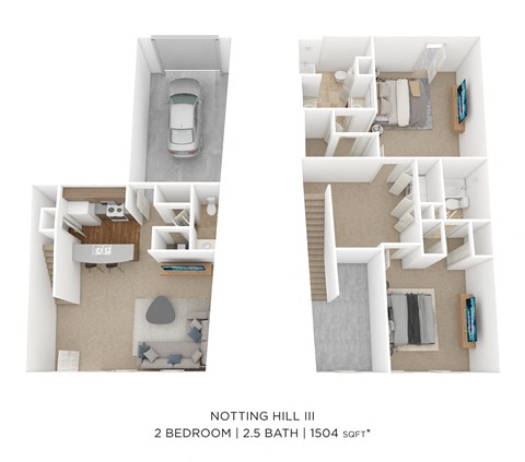 Floor plan for 2 beds, 2.5 baths, 1504 sqft