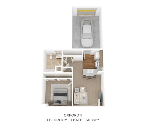 Floor plan for 1 bed, 1 bath, 611 sqft