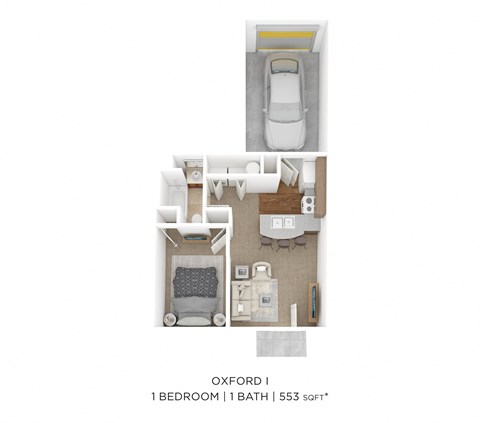 Floor plan for 1 bed, 1 bath, 553 sqft